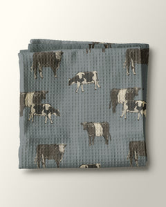 Cattle in Haze Blue Waffle Kitchen Towel